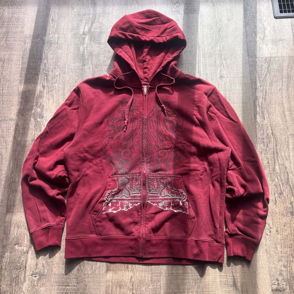 BRODY Y2K Winged Crest Graphic Full Zip Hoodie Red X-Large
